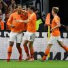 Niederlandes Torschütze Virgil van Dijk (links) jubelt nach dem Tor zum 1:0 mit seinen Mitspielern.