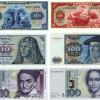 Die Kombo zeigt die 10 und 100 DM-Banknoten aus dem Jahr 1948 (oben), 1963 und 1962 (Mitte) und aus den Jahren 1991 und 1997 (unten).