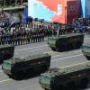 Kurzstrecken-Raketensysteme Iskander/SS-26 Stone fahren während der Parade zum Tag des Sieges am 9. Mai 2023 auf dem Roten Platz.