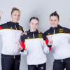 Die Sportakrobatinnen des SAV Augsburg-Hochzoll (v.l.) Gloria Baur, Sabrina Wilbold und Milla Neumayer kamen beim Weltcup in Bulgarien ins Finale und belegten dort Rang fünf.