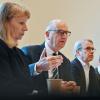 Petra Köpping (l-r), Dietmar Woidke, Georg Maier und Philipp Geiger nehmen an einer Pressekonferenz vor Beginn des Zukunftsdialogs «Ostdeutschland hat die Wahl» der Friedrich-Ebert-Stiftung teil.