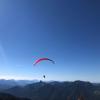 Ein Gleitschirmflieger vor dem Alpenpanorama.