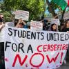 Propalästinensische Demonstranten halten auf den Campusgelände der Technischen Universität Berlin ein Transparent mit der Forderung nach einem Waffenstillstand.