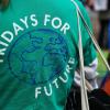 Eine Frau demonstriert in einem grünen T-Shirt mit der Aufschrift «Friday for Future».