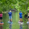 Personen sind auf Stand-up Paddle Boards auf einem Fließ im Spreewald unterwegs.