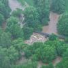 Luftaufnahme vom Fluss Lein, der über die Ufer getreten war und Überschwemmungen verursacht hatte (Aufnahme mit einer Drohne).