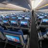 Sitze der Economy Class mit Bildschirmen während der Vorstellung von Lufthansa «Allegris» in einem Airbus A350-900. Mit dem Kunstbegriff «Allegris» ist ein neues Kabinenkonzept gemeint, das eine neue Bestuhlung für alle vier Reiseklassen der Langstreckenflugzeuge bedeutet soll.