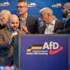 AfD-Politiker um Markus Frohnmaier  beratschlagen in der Stadthalle über das weitere Vorgehen beim Landesparteitag.