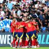 Fußball, UEFA Euro 2024, EM, Spanien - Kroatien, Vorrunde, Gruppe B, Spieltag 1, Olympiastadion Berlin, Spaniens Dani Carvajal (r) jubelt mit den Teamkollegen über seinen Treffer zum 3:0.