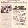 Mit dieser Anzeige in der Augsburger Allgemeinen warb McDonald's 1974 für die Eröffnung der Filiale am Königsplatz.