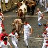 Vor den Bullen herzulaufen, ohne auf die Hörner genommen zu werden oder unter die Hufe zu geraten - das ist das Ziel Läufer bei den Stierhatzen im nordspanischen Pamplona.