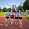 Die erfolgreichen Nördlinger Leichtathletinnen: (stehend von links) Eva Eisenbarth, Annika Knaus, Laura Diethei und Teresa Siebachmeyer; auf den Schultern sitzt links Katharina Rupp, rechts neben ihr Lina Heinle.