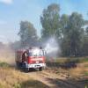 Die Feuerwehr löscht von Wegen aus beim Waldbrand in Jüterbog.