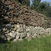 Steine und viel Holz sind am Dorfweiher zu sehen.