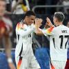 Nations League 24/25: Deutschland gegen Ungarn. Infos zur Übertragung sowie Termin und Uhrzeit finden Sie hier. Unser Bild: Jamal Musiala (l) jubelt mit Florian Wirtz über den deutschen Auftaktsieg in der Nations League.