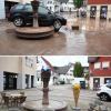 Die Foto-Kombo zeigt einen vom Jahrhunderthochwasser Brunnen in Rudersberg (oben) und rund 100 Tage danach (unten).