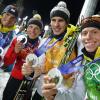 Simon Schempp, Erik Lesser, Arnd Peiffer und Daniel Böhm (v. li.) können sich zehn Jahre nach dem Rennen von Sotschi über Gold freuen.