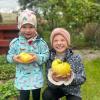 Carlotta und Matilda freuen sich über zwei Riesentomaten, die sie im heimischen Garten in Deuringen geerntet haben.