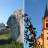 Links Menhire und Steine bei Carnac, rechts die Kirche von Jedesheim.