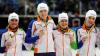 Die Damenstaffel aus den Niederlanden mit Lara van Ruijven (rechts)jubelt in Dresden während des Weltcup-Finales im Shorttrack über den Sieg im Staffel-Finale der Damen.