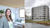 Vanessa Hanzel in ihrer Wohnung im fünften Stock des Holzhochhauses im Kemptener Stadtteil Thingers. An der Decke und bei den Tür- und Fensterrahmen kommt das Holz zum Vorschein, ansonsten sieht die Wohnung ganz gewöhnlich aus.