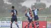 Der VfB Durach (in den blauen Trikots von links Maximilian Wieder, der zweifache Torschütze Gregor Mürkl und  Jürgen Piller) besiegte am Freitagabend den FC Memmingen II mit 4:1. In der ersten Halbzeit ging ein kräftiger Regenschauer über Durach hernieder.