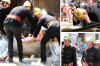 Eindrücke vom Feuerwehrjubiläum: Bei der Hitze half nur Wasser, auch wenn’s nur im goldenen Helm ist. Für ein bisschen Abkühlung sorgte Hans Schmölz aus Ruderatshofen. Ein nicht ganz freiwilliges Tauchbad bekam auch Bürgermeister Stich.