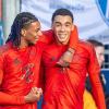 Bundesliga: FC Bayern Münchens Torschütze Jamal Musiala jubelt mit seinem Teamkollegen Michael Olise (l) über das Tor zum 0:2.