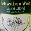 Flaschen-Etikett „Schwaben Wein“ aus Rumänien mit gezeichnetem Schwaben-Haus.