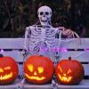 Gleich drei verschiedene Kürbisse leuchten in diesem Halloween Garten um die Wette. Foto: Thomas Hack (Archivbild)