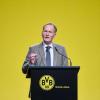 Hans-Joachim Watzke verteidigt auf der Mitgliederversammlung den Sponsoren-Deal des BVB mit Rheinmetall.