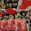 Regionalliga Männer Handball; VfL Günzburg (rot) - HaSpo Bayreuth (dunkelgrau weis); hier der VfL Günzburg Spieler und Fans   -   - 