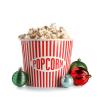 Collage of Christmas decorations with popcorn, Santa hat and film reel on white background