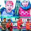 Mit einem flottem Slogan wurde gestern Abend koreanischer Zeit die Gold-Staffel der Nordischen Kombinierer im Deutschen Haus empfangen: (von links) Johannes Rydzek, Fabian Rießle, Vinzenz Geiger und Eric Frenzel feierten feucht-fröhlich – und auf der riesigen Videoleinwand stand: „Schneller am Ziel als die GroKo: unsere NoKo.“