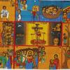 Eines der eindrucksvollsten Hungertücher kommt aus Äthiopien. Es wurde im Jahr 1978 gemalt und zeigt auf besondere Weise das Leben und den Tod Jesu. In der Mitte ist Christus als Schmerzensmann dargestellt, der in einer Kelter steht. „Bildlich wird er ausgepresst, vergießt sein Blut für die Menschen,“ erläutert der Diakon. Parallel dazu sieht man Handschellen, als Zeichen für Gefangenschaft, einen elektrischen Stuhl, ein Gefängnis und eine Dornenkrone.