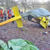 Auf einem Feld bei Zuzenhausen liegt am Montag der abgestürzte Hubschrauber. Bei dem Absturz ist ein Mensch ums Leben gekommen, ein weiterer wurde schwer verletzt. Der Hubschrauber war am Vormittag aus zunächst unbekannter Ursache auf einem Feld in der Nähe einer Grillhütte abgestürzt, wie die Polizei in Heidelberg berichtete. Das Luftfahrtbundesamt wurde eingeschaltet.