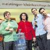 Die flotten Fünf vom GlasBlasSing-Quintett mit Preis und Base Drum, Marke Wasserspender: (von links) Frank Wegner, Jan Fritze Lubert, David Möhre Möhring, Andreas Lubert und Jens Peter Tangermann.