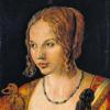 Schöne Italienerin: „Brustbild einer jungen Venezianerin“ von Albrecht Dürer, gemalt 1505. Links im Text: Dosenboden mit dem Bildnis Friedrichs des Weisen.