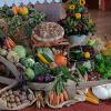 Obst und Gemüse aus heimischen Gärten, arrangiert auf einer alten Holzschubkarre und Strohballen, schmücken den Erntedank-Altar.