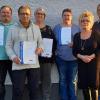 Auf dem Foto Jochen Haas, fünf Jahre Mitarbeit, Michael Reuß, Anke Kraus, je zehn Jahre Mitglied, Anita Haas fünf Jahre Mitarbeit, Vorstandsvorsitzende Anja Schreiner, Helmut König 25 Jahre Mitglied.