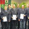 Ehrenabend für die Feuerwehren der Walddörfer: Das Bild zeigt (von links): Landrat Thomas Habermann, den stellvertretenden Bürgermeister Anton Kleinhenz, Willi Voll, Waldemar Krug, Martin Rüttiger, Thomas Kessler, Armin Bühner, Ralf Kirchner, Steffen Zehe, Klaus Krapf, Andreas Holzheimer, Kreisbrandinspektor Stefan Schmöger und Kreisbrandrat Peter Bulheller.