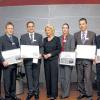 Preisträger des Innovation Award 2011 Von links Vorstandsvorsitzender Jürgen M. Geißinger, Georg Schaeffler, Holger Sturm (1. Preis, Advanced Manufacturing), Daniel Becker (1. Preis, Product Innovation), Gesellschafterin Maria-Elisabeth Schaeffler, Katrin Seiler  und Roland Meyer (Anerkennungspreis), Jens Schmitt (1. Preis, Market Strategy), Ladislaus Dobrenizki (Anerkennungspreis).