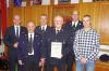 Ehrungen bei der Feuerwehr Reiterswiesen: (von links) OB Dirk Vogel, Thomas Kuhn (25 Jahre), Kommandant Bernd Ort, Werner Greubel (70 Jahre), 2. Kommandant Tobias Dittrich und Florian Kiesel (25 Jahre).