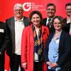 Im Bild (von links) Frank Schmähling (memo AG), Roland Sauer (Wölfe Würzburg), Nicola Beer(MdEP und Vizepräsidentin des Europäischen Parlaments), Michael Ulverich Koenig & Bauer AG), Diana Dümmler (BVMW Mainfranken), Florian Lehnert (Würth Leasing GmbH & Co. KG), Christian Göwecke (BVMW Mainfranken).