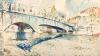 Ein Aquarell von Wilhelm Kohlhoff mit dem Titel „Blick auf die Mainbrücke“.