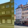 Der Vergleich eines Gebäudekomplexes in der Domstraße vor der Zerstörung und heute. Der Vergleich eines Gebäudekomplexes in der Domstraße vor der Zerstörung und heute.