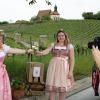 Stellvertretend für den Weinadel der Mainschleife werben (von links) Katharina Schmitt (Volkach) und Katharina Schmidt (Astheim) für die einheimischen Winzer. Das Video am Volkacher Kirchberg dreht Vanessa Wischer (Nordheim) unter Einhaltung der Abstandsregeln.