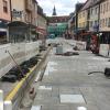 Granitplattentausch in der Wolfsgasse. Eine Buslinie musste verlegt werden.