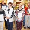 Ehrungen für bewährte Kraftfahrer. Von links: Helmut Rößner (Maroldsweisach), Renate Hartmann (Weisbach), Hans Krahmann (Ostheim), Imelda Krämer (Fladungen), Albert Bauer (Kleinbardorf), Helga Hartmann (Brüchs), Ernst Dettmer (Burkardroth), Peter Kuhr (Bad Kissingen) mit Geschäftsführer Herbert Lamatsch und Vorsitzendem Tim Haueisen.