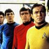 Die erste Crew: Pille (DeForest Kelly), Mr. Spock (Leonard Nimoy), Chekov (Walter Koenig) und James T. Kirk (William Shatner).